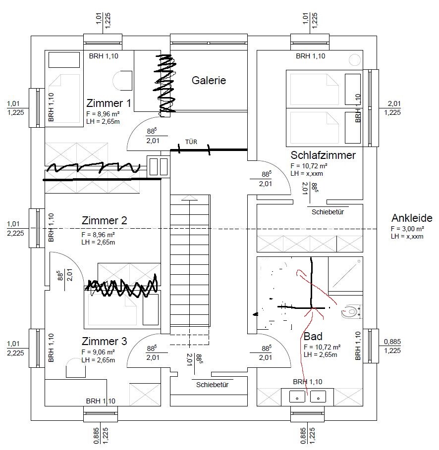 Grundriss eines Hauses: Dachgeschoss mit drei Zimmern, Galerie, Schlafzimmer, Bad und Ankleide.