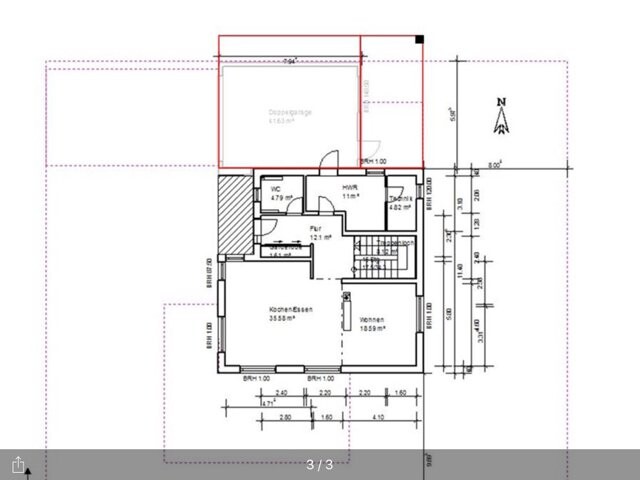 2D-Grundriss eines Hauses mit Küche, Wohnzimmer, Flur und Bad