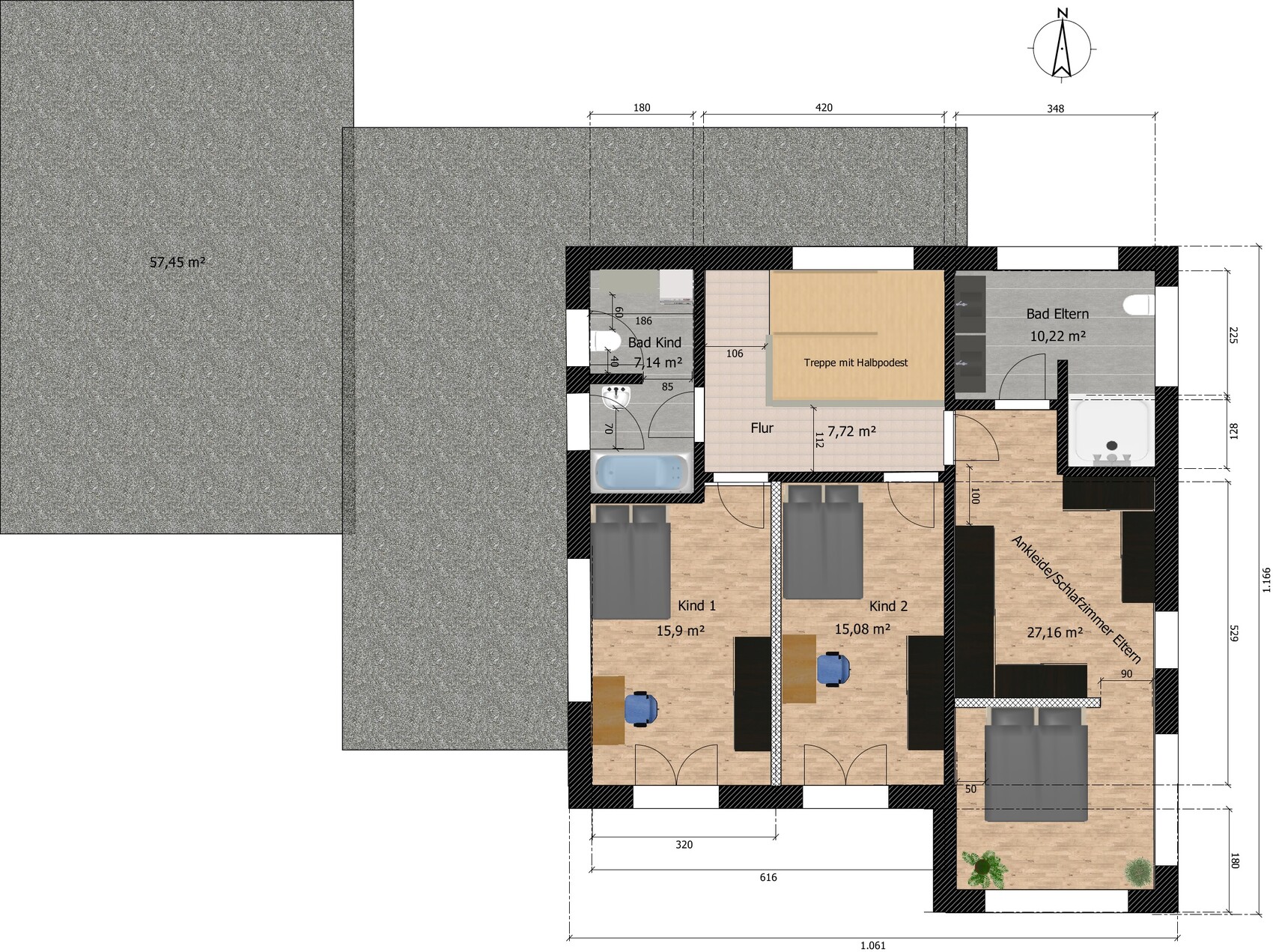 Grundriss eines Obergeschosses mit Elternzimmer, Kinderzimmern, Bädern, Flur und Treppe.