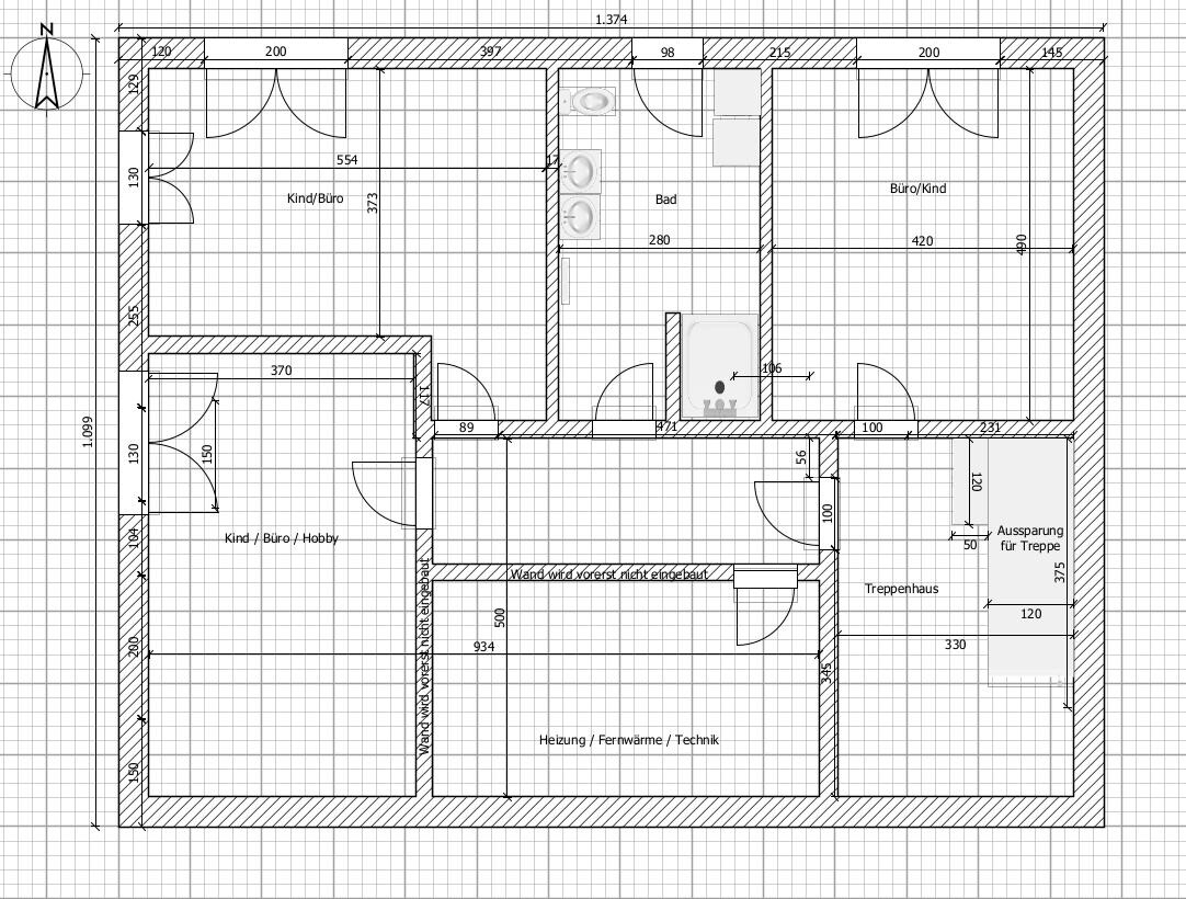 Grundriss eines Hauses mit Bad, Büro/Kind, Kind/Büro/Hobby, Heizung/Technik und Treppenhaus.
