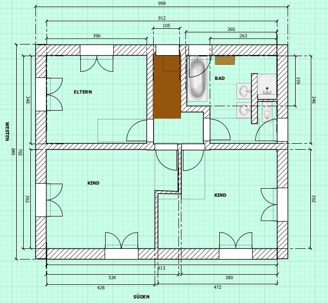 Grundriss eines Hauses von oben: Elternzimmer, zwei Kinderzimmer, Bad und Flur; Türen sichtbar.