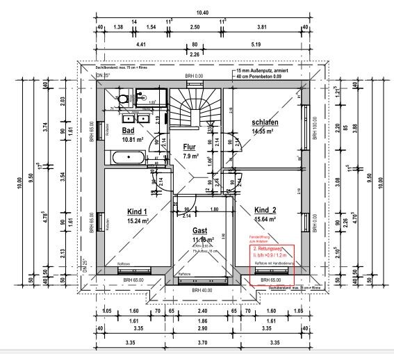 Grundriss eines Hauses: Flur, Bad, Schlafen, Kind 1, Kind 2, Gast; Raumaufteilung mit Maßen.