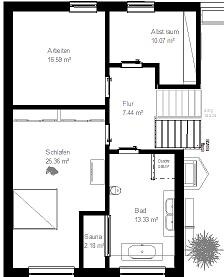 2D-Hausgrundriss mit Arbeitszimmer, Schlafzimmer, Bad, Sauna und Flur