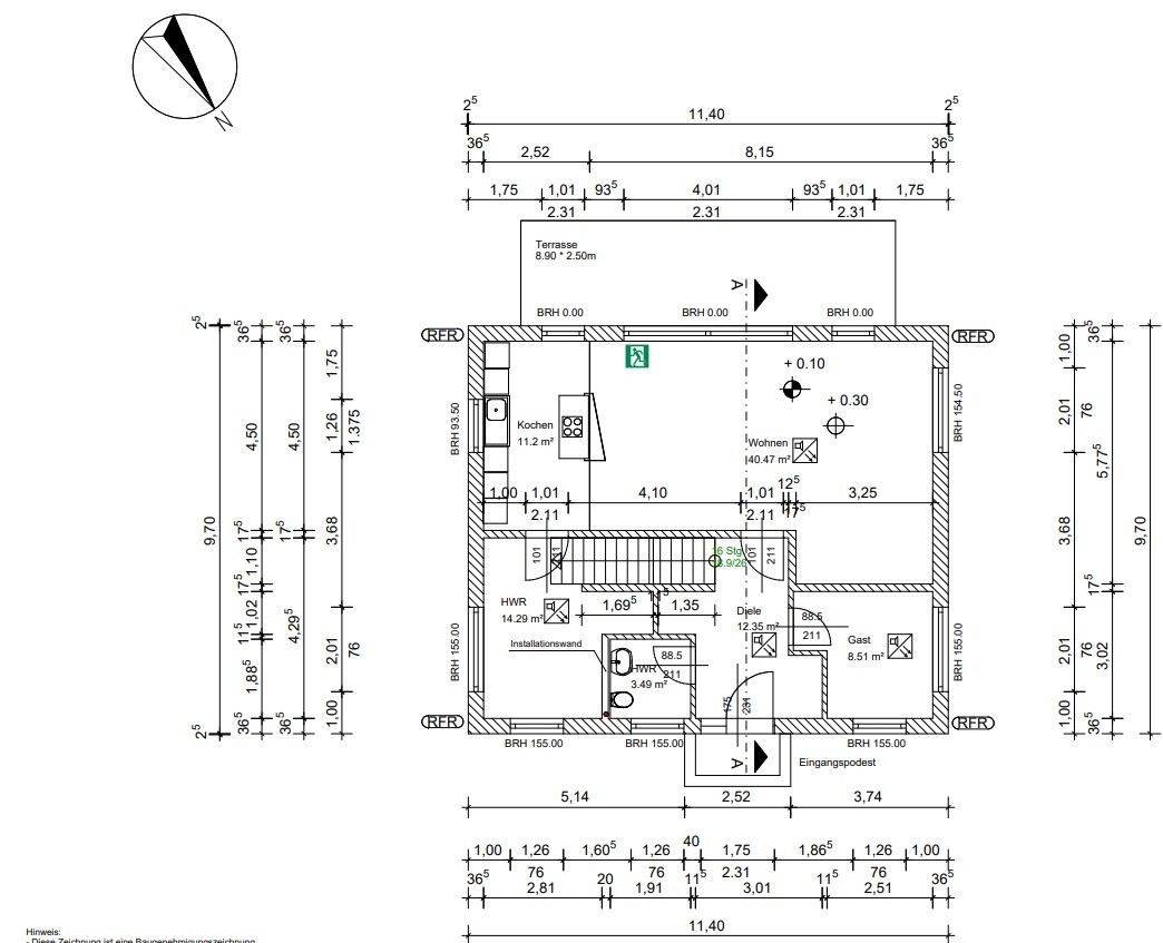 2D-Grundriss eines Hauses mit Küche, Bad, Wohnzimmer und Terrasse