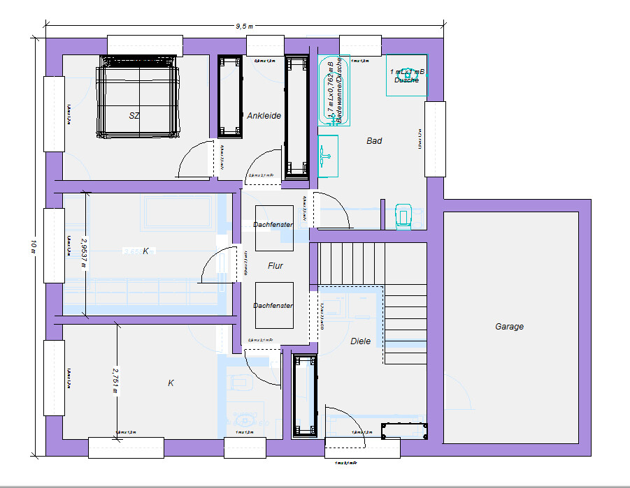 Grundriss eines Hauses: Schlafzimmer, Ankleide, Bad, Küche, Diele, Flur, Garage.