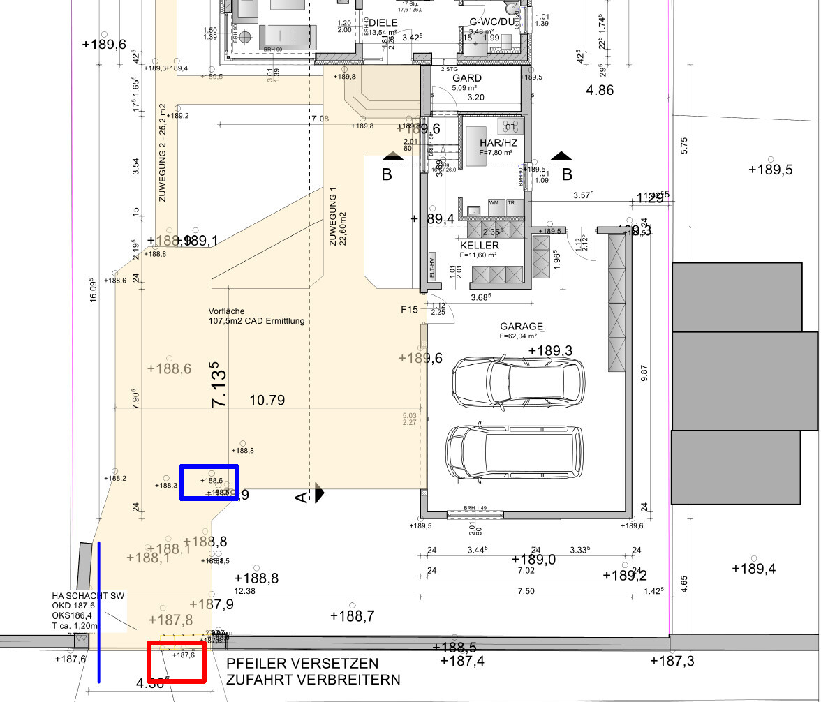 Grundrissplan: Gebäude mit Diele, Keller, Garage (2 Stellplätze) und Zuwegung.
