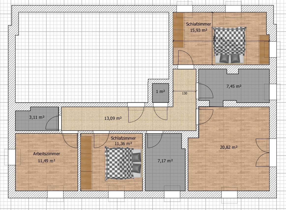 Grundriss eines Wohnhauses mit zwei Schlafzimmern, Arbeitszimmer, Flur und großem Wohnzimmer.