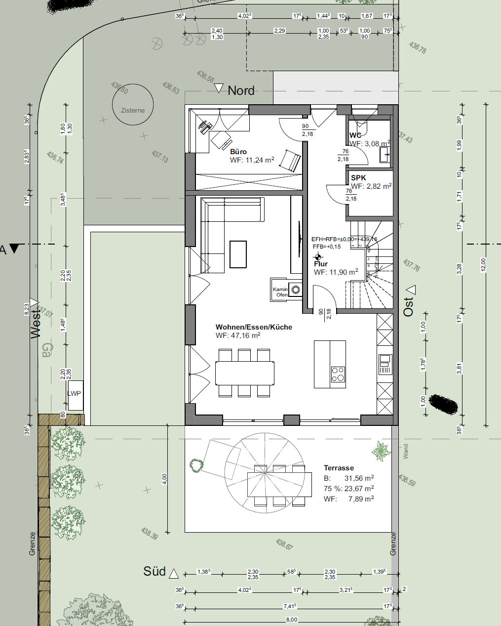 2D-Grundriss eines Hauses mit offenem Wohnbereich, Küche, Büro und Terrasse