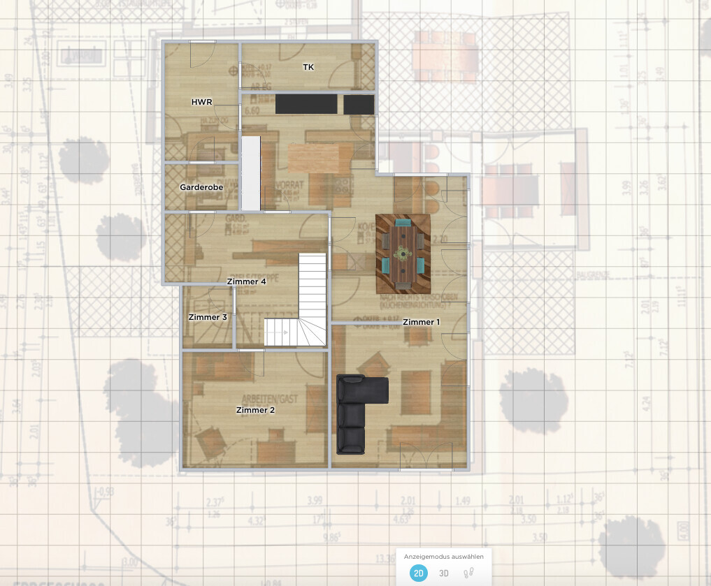 Grundriss eines Hauses mit Zimmer 1–4, Wohnzimmer mit Sofa, Esstisch, Treppe, Küche, HWR, Garderobe