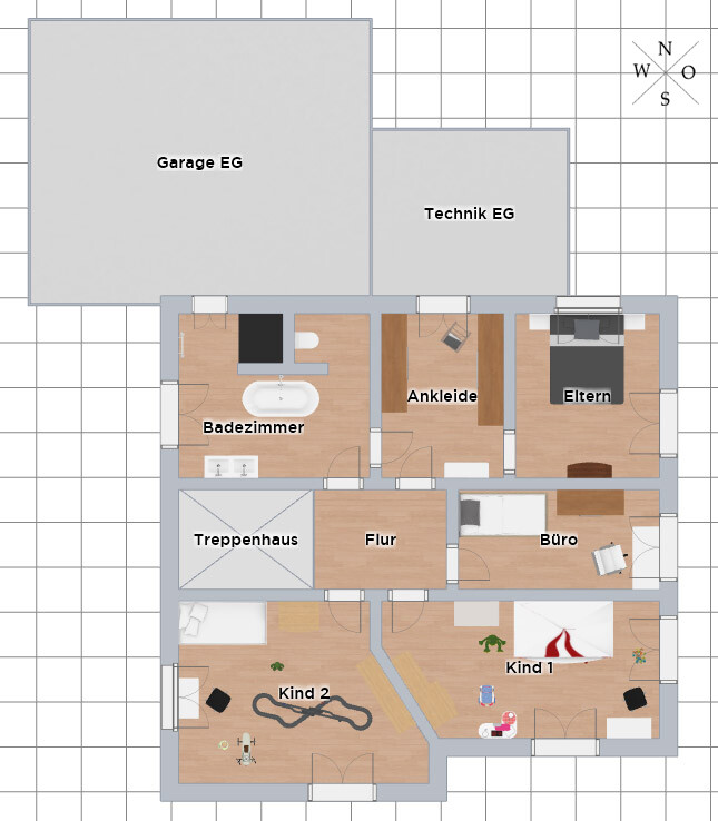 Grundriss mit Eltern, Kind 1, Kind 2, Büro, Bad, Flur, Treppenhaus, Ankleide, Technik, Garage.