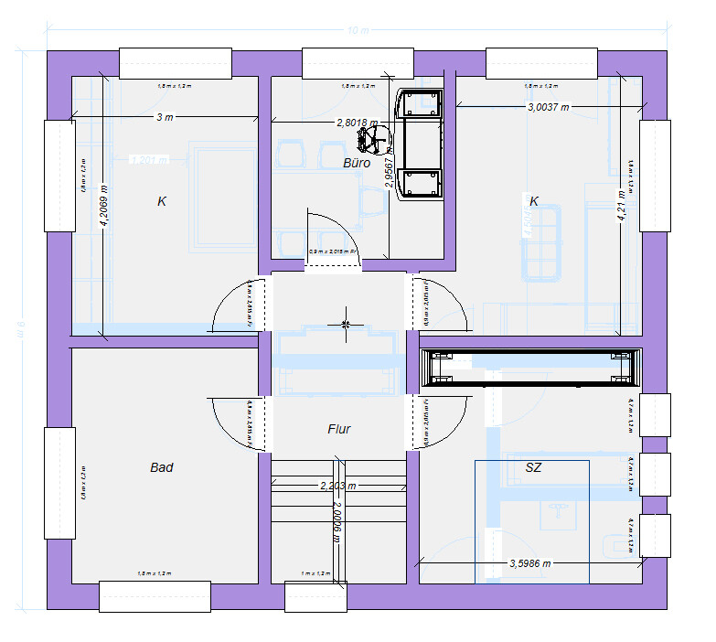 Grundriss eines Hauses mit Bad, Flur, SZ, Küche (K) und Büro.