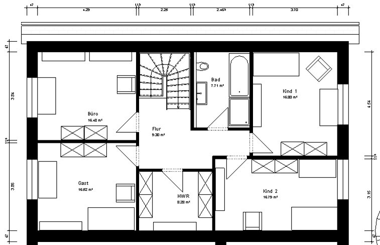 Grundriss eines Wohnhauses mit Treppenaufgang, Flur, Bad, Büro, Gästezimmer, zwei Kinderzimmer, HWR.