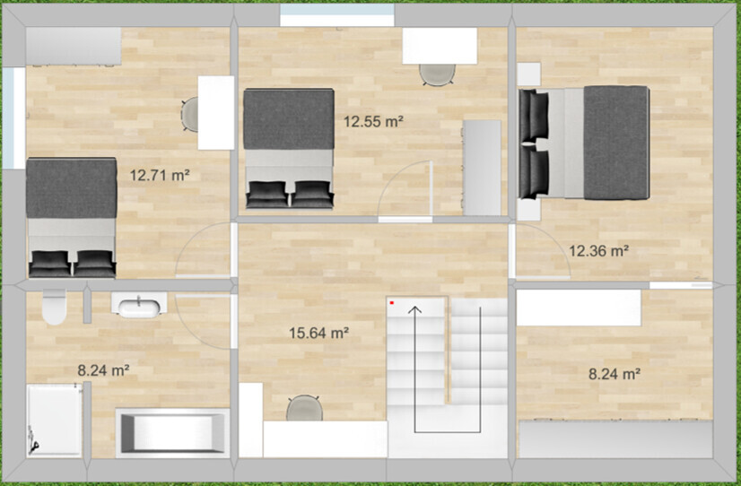 Grundriss eines Hauses mit mehreren Schlafzimmern, Bad und Treppenhaus; Flächenangaben in m².