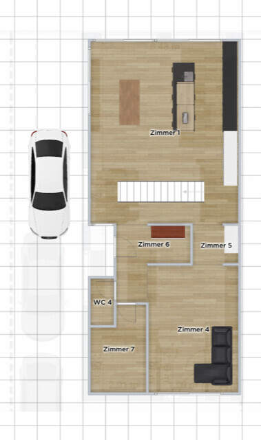 Grundriss eines Hauses: Auto außen, sieben Zimmer (1–7), Treppe, WC, Sofa im Wohnzimmer.