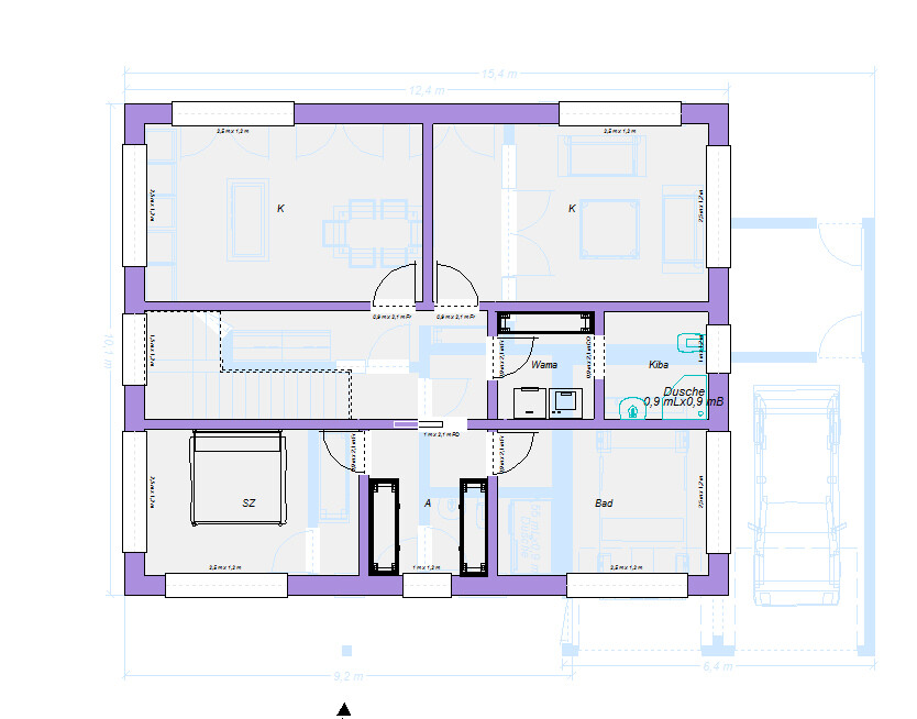 Grundriss eines Hauses: zwei Küchen, Schlafzimmer, Bad, Waschküche, Dusche, Flur, Garage mit Auto.