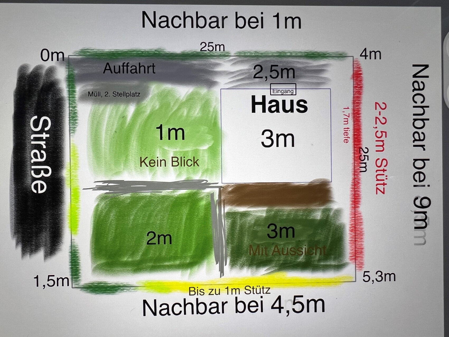Grundriss: Haus 3m mit Eingang; umliegende grüne Flächen, Straße links, Stellplätze.