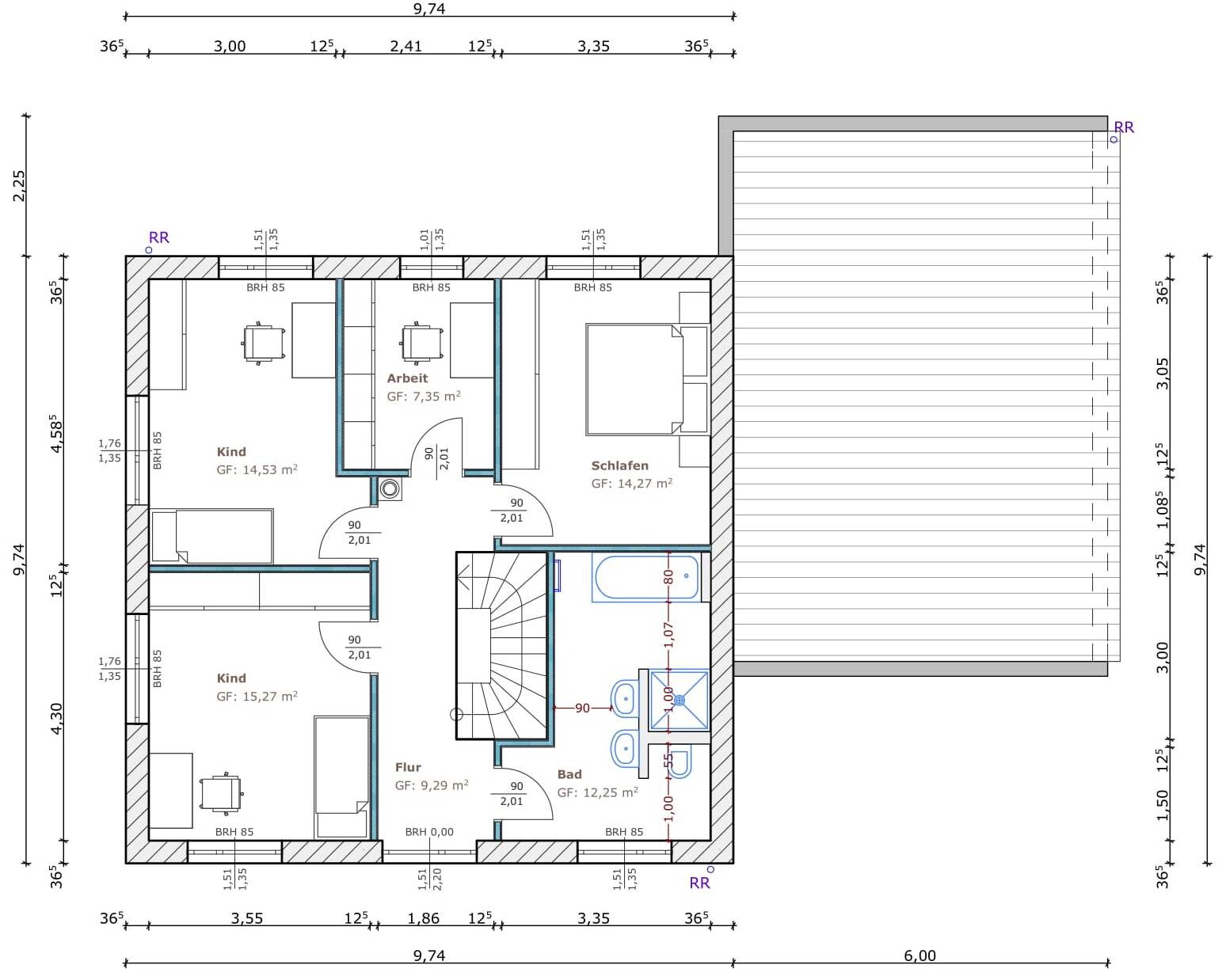 2D-Grundriss eines Hauses mit Schlafzimmer, Kinderzimmern, Bad, Flur und Treppe