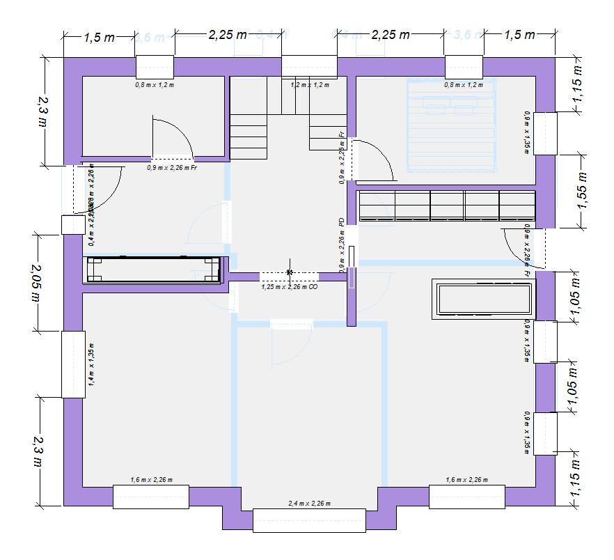 Grundrissplan eines Gebäudes: Räume, Treppen, Türen; violette Wände, Maße sichtbar