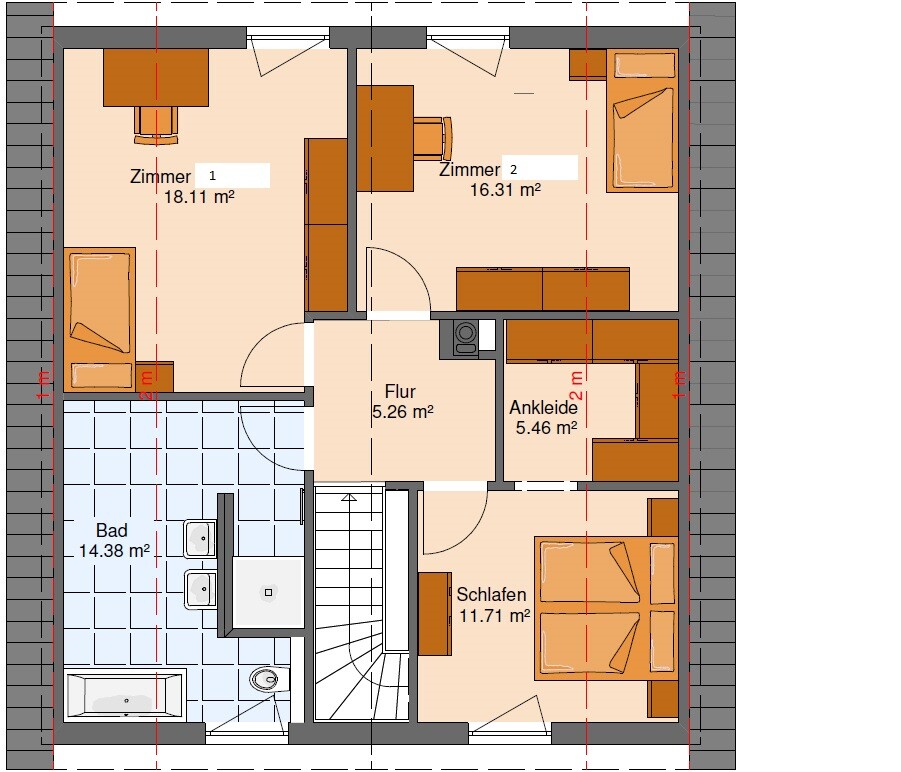 2D-Grundriss eines Hauses mit Zimmern, Flur, Bad, Ankleide und Schlafbereich