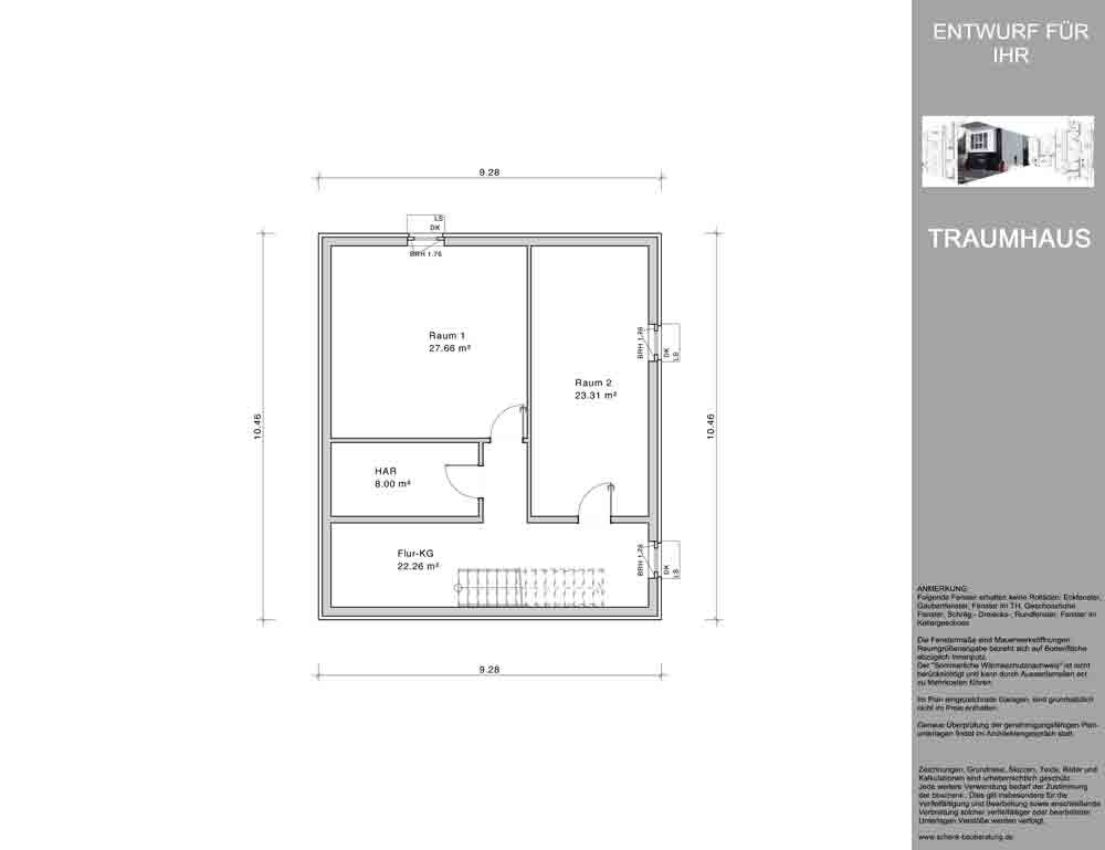 Grundriss eines Hauses: Raum 1, Raum 2, HAR, Flur-KG, Treppenaufgang, Maße 9,28 x 10,16 m.