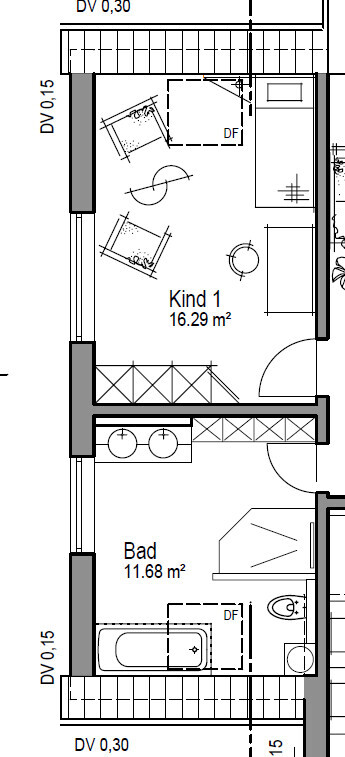 Grundriss eines Kinderzimmers (Kind 1) und eines Bades mit Möbeln und Türen.