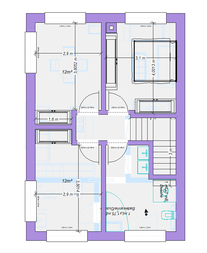 Grundriss einer Wohnung: mehrere Räume, Türen, Treppen, Küche und Bad.