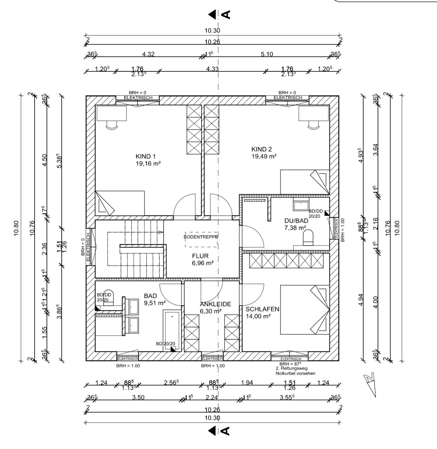 Grundriss Obergeschoss: zwei Kinderzimmer, Schlafen, Ankleide, Flur, Bad, Dusche/WC.