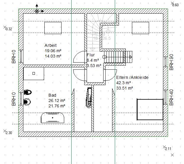 Grundriss eines Hauses mit Arbeitszimmer, Bad, Eltern-/Ankleidezimmer, Flur und Treppe.