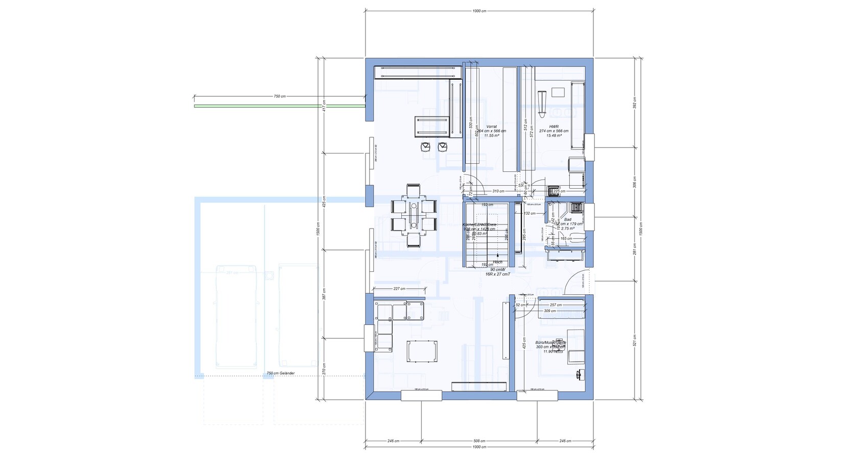 Grundriss eines Hauses: Wohnzimmer, Küche, Essen, Schlafzimmer, Bad, Garage.