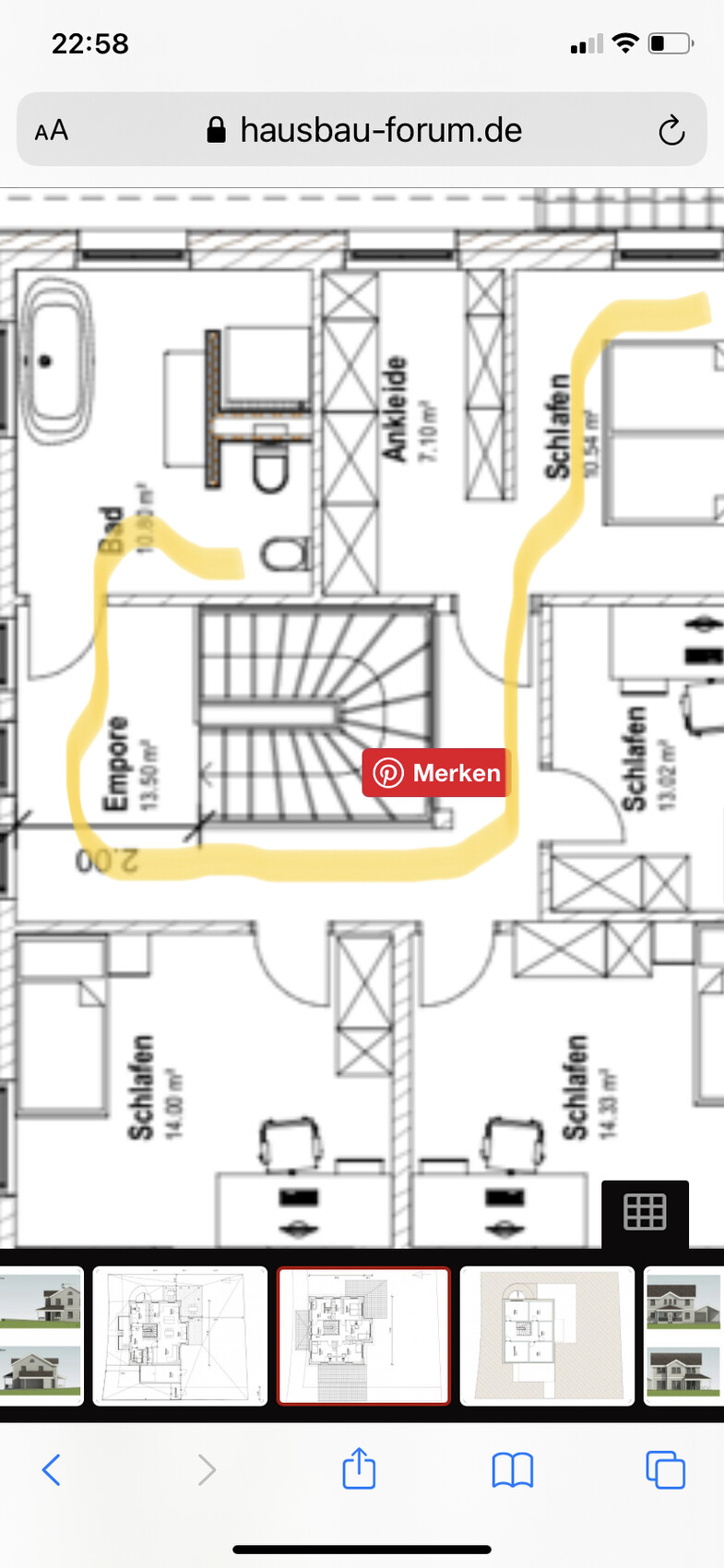 Grundriss eines Stockwerks mit Schlafräumen, Bad, Treppe; gelber Wegumriss.