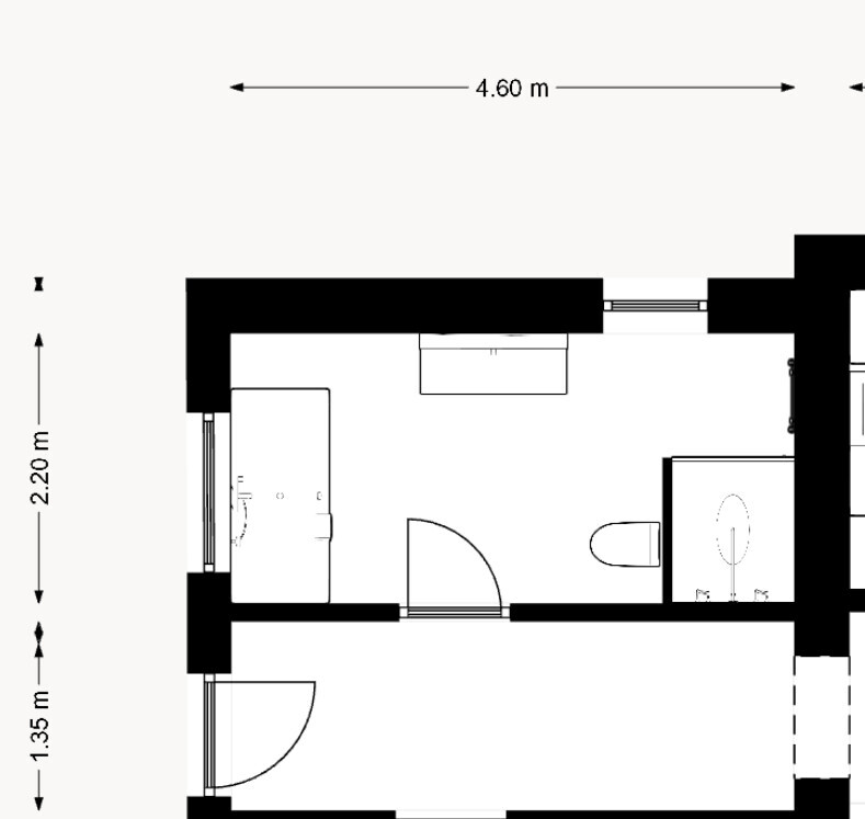 Grundriss eines kleinen Apartments: Eingang unten links, Schlafbereich links, Bad rechts.