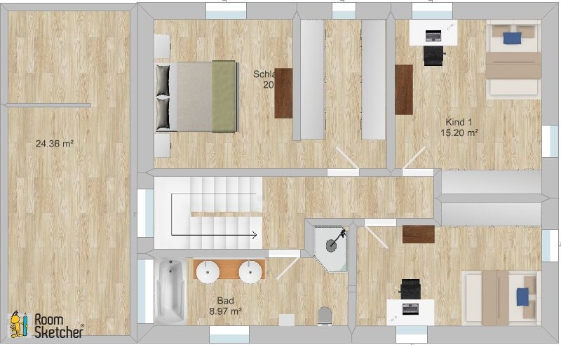 Grundriss eines Hauses mit Schlafzimmer, Kinderzimmer, Bad, Treppe und Arbeitsbereich.