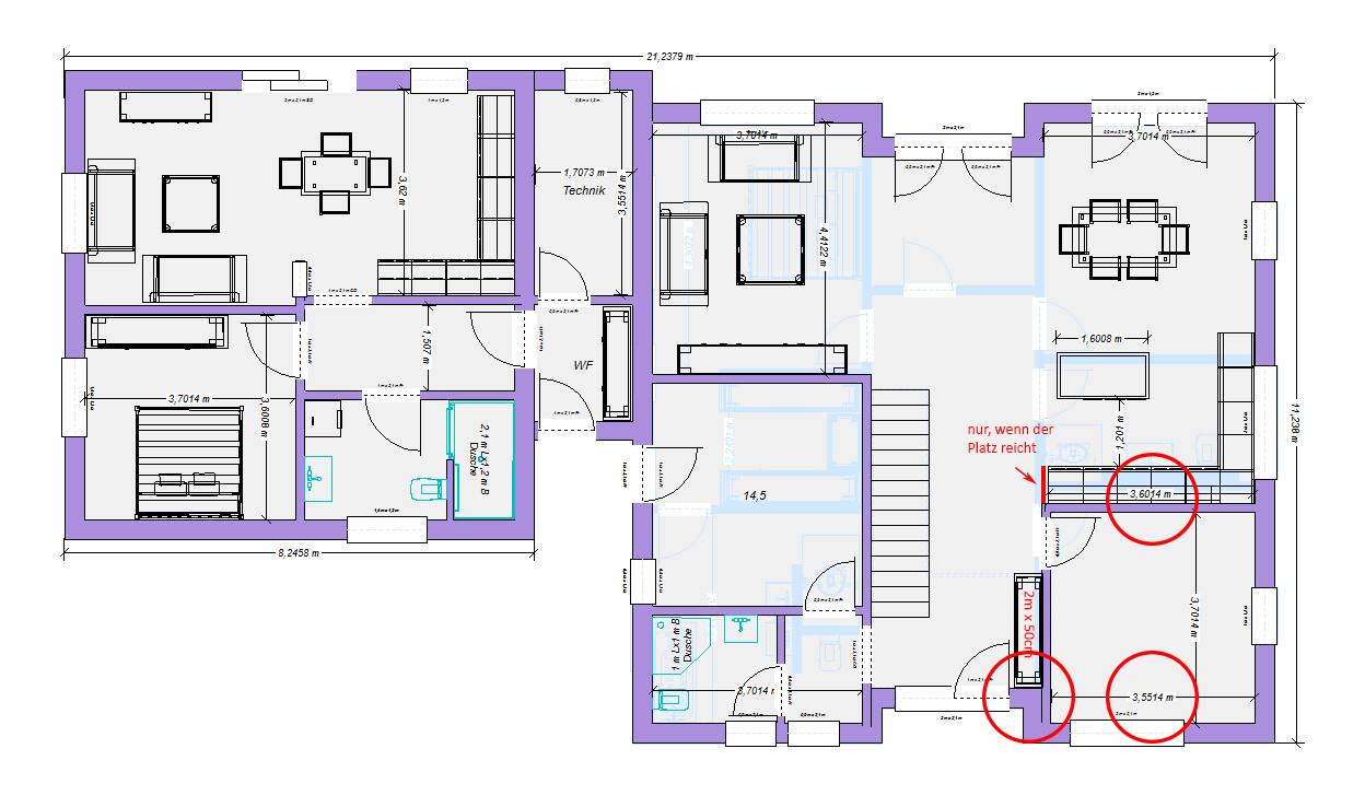 Grundriss eines Hauses mit mehreren Räumen, Treppen und Türen sowie Abmessungen; rote Markierungen