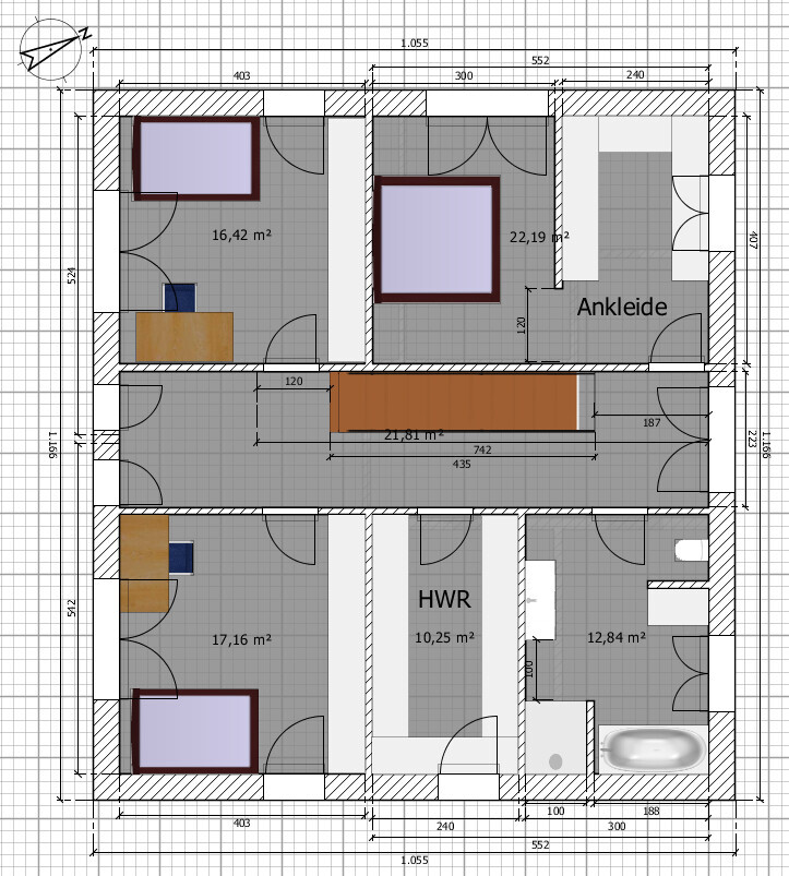Grundriss eines Hauses mit Schlafzimmern, Ankleide, HWR und Fluren; Massangaben sichtbar.