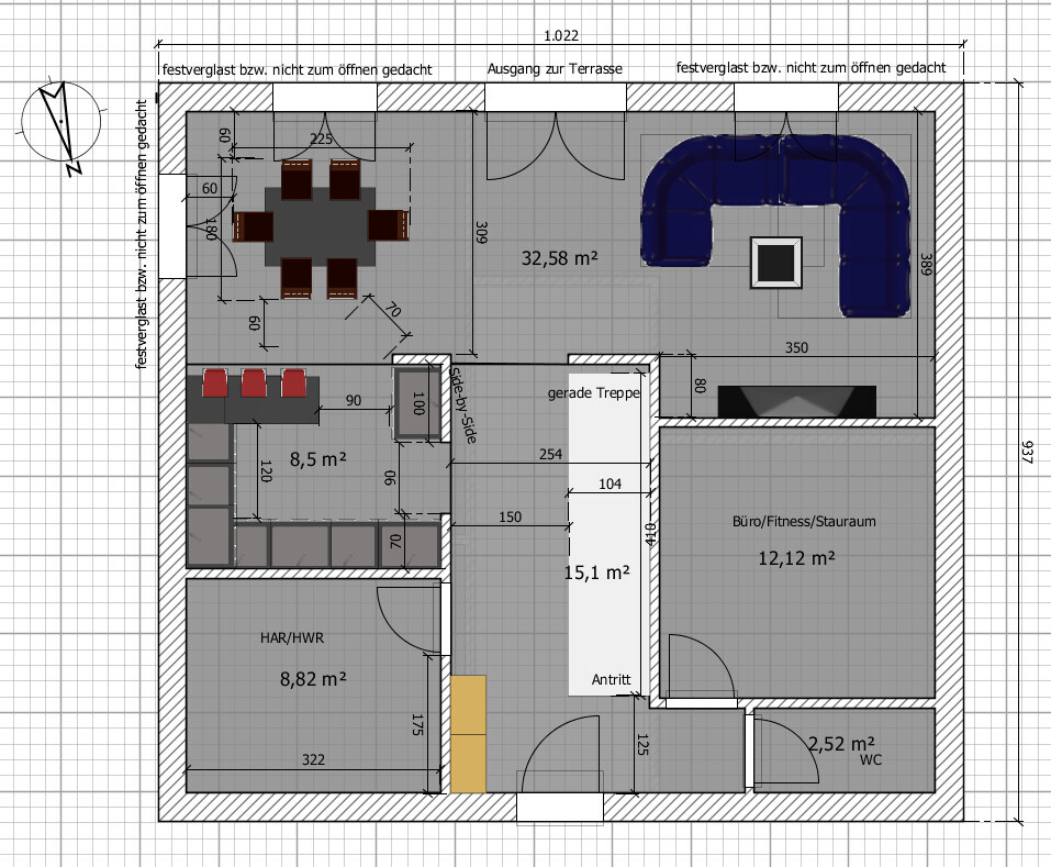 Grundriss eines Bürogebäudes mit Treppe, WC, Terrasse und Sitzbereich