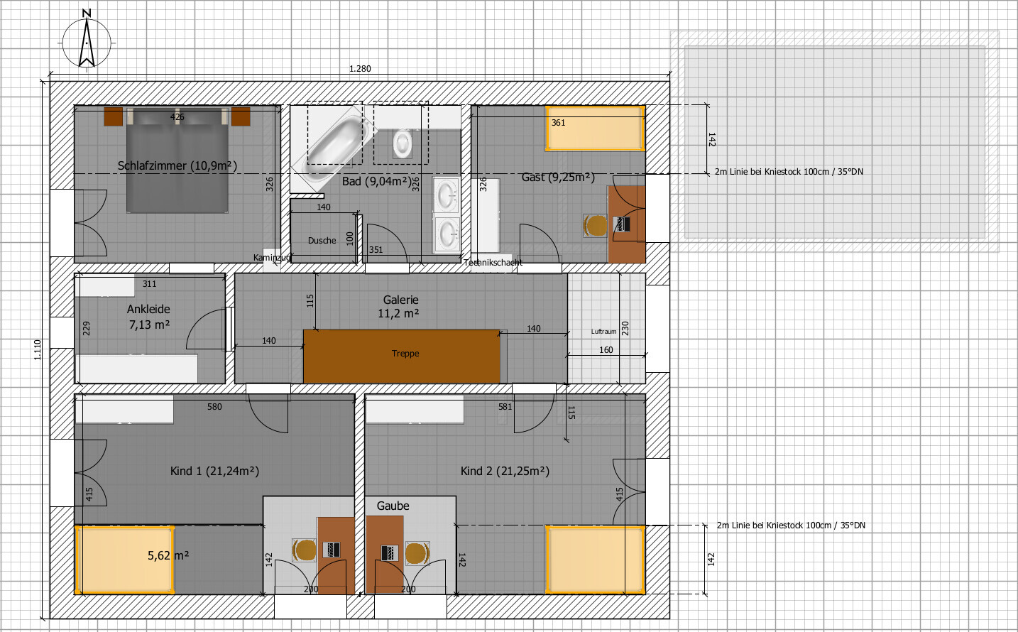 2D-Grundriss eines Hauses: Schlafzimmer, Ankleide, Bad, Galerie, Treppe, Kind 1, Kind 2 und Gast.