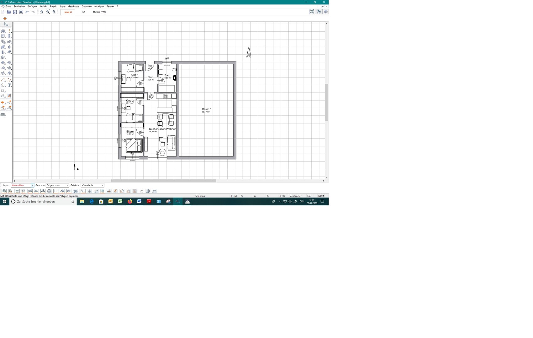 Grundriss einer Wohnung mit Küche/Essen/Wohnen, Eltern- und Kinderzimmer, Bad und Flur