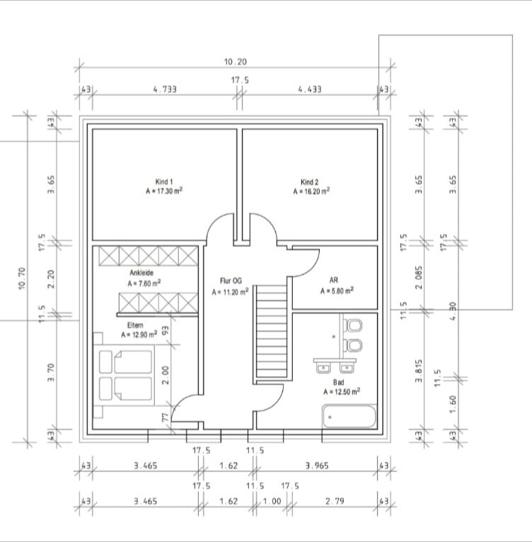 Grundriss OG: Kind 1, Kind 2, Eltern, Ankleide, Flur, AR, Bad, Treppe.