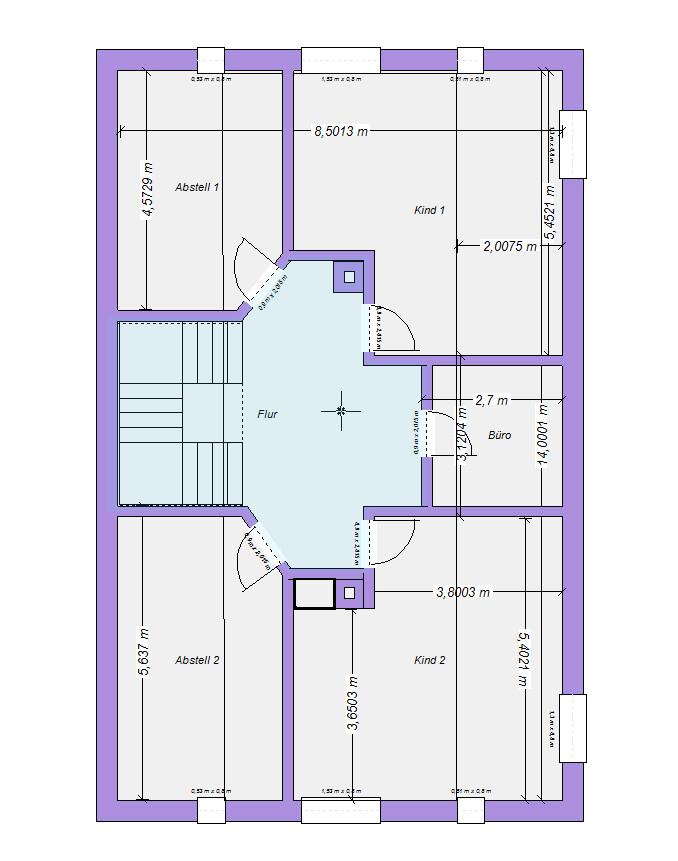 2D-Grundriss eines Hauses mit Flur, Abstellräumen, Kinderzimmern und Büro