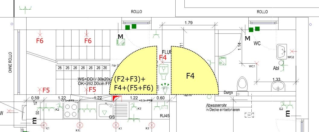 Technischer Grundriss mit gelber Halbrundzone F4; Beschriftungen F2+F3, F5+F6.