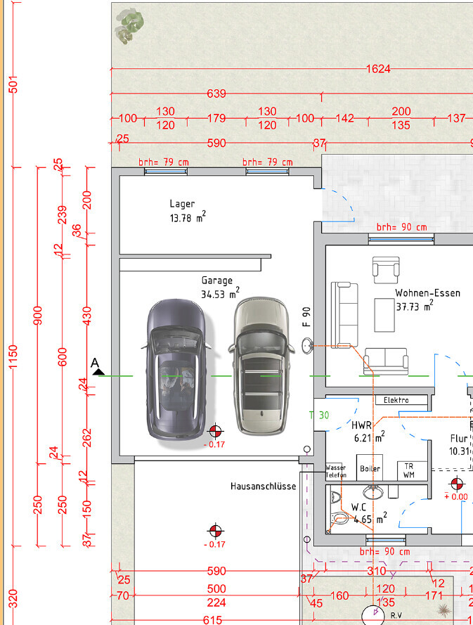 Grundriss eines Hauses: Garage mit zwei Autos, Lager, Wohnbereich und Flur.