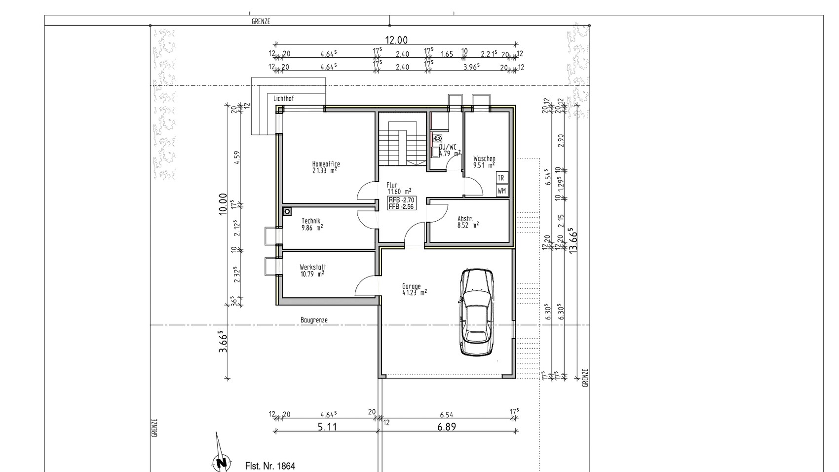 Grundriss-EG: Garage, Homeoffice, Technik, Werkstatt, Waschen, Flur, Abstellraum, DU/WC.