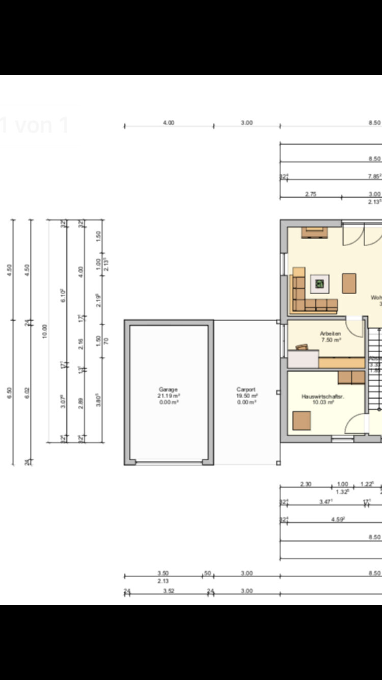 2D-Grundrissplan eines Hauses mit Garage, Wohnraum und Arbeitszimmer