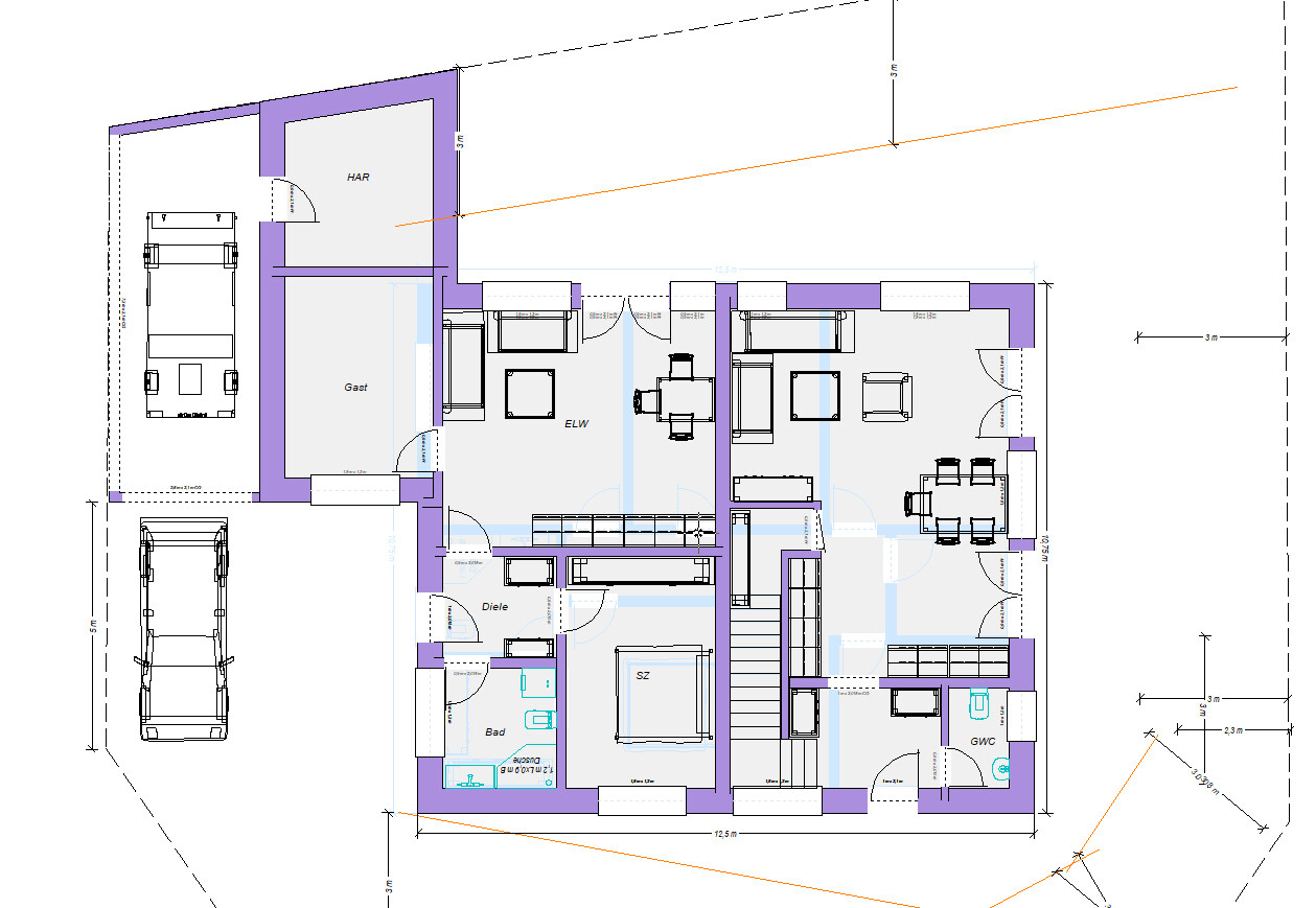 Grundriss eines Hauses mit HAR, Gast, ELW, Diele, SZ, Bad, GWC; Außen- und Garagenstellplätzen.