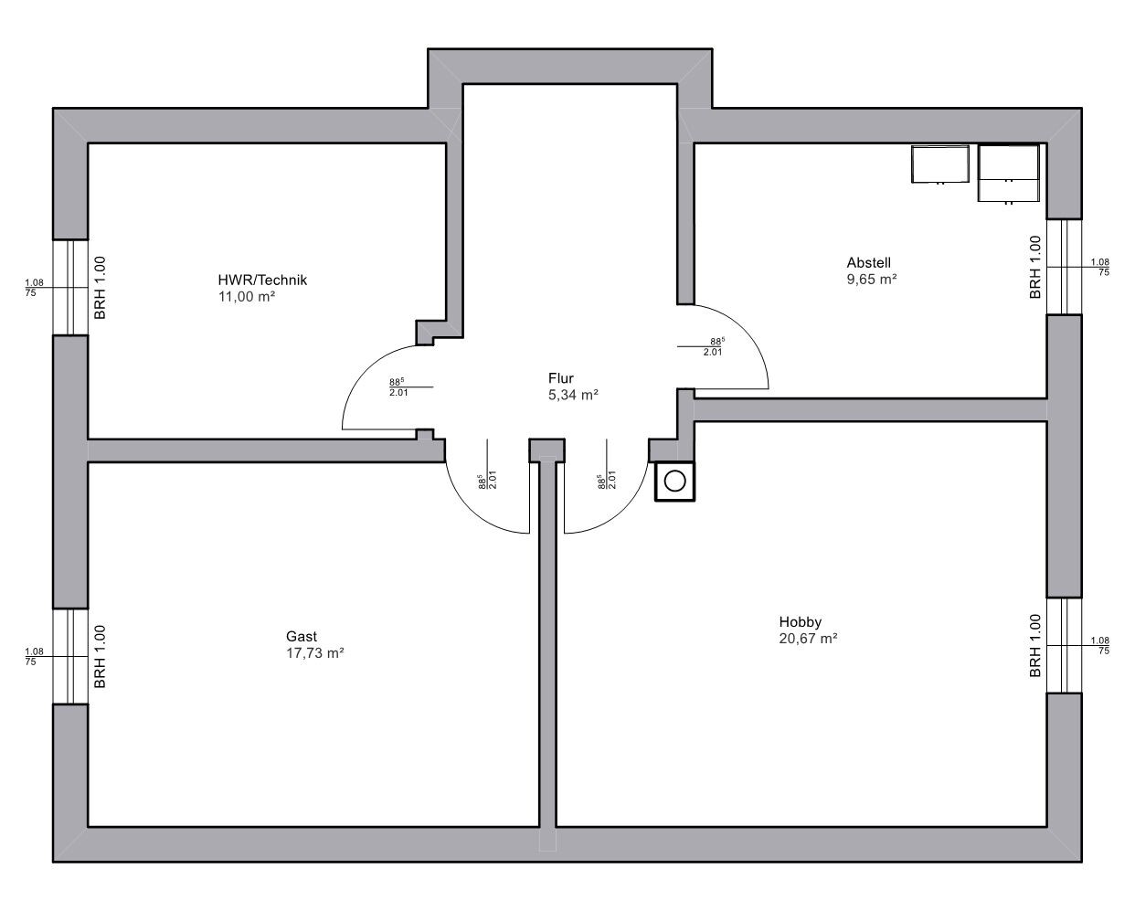 Grundriss eines Hauses mit zentralem Flur und Räumen: HWR/Technik, Abstell, Gast, Hobby.