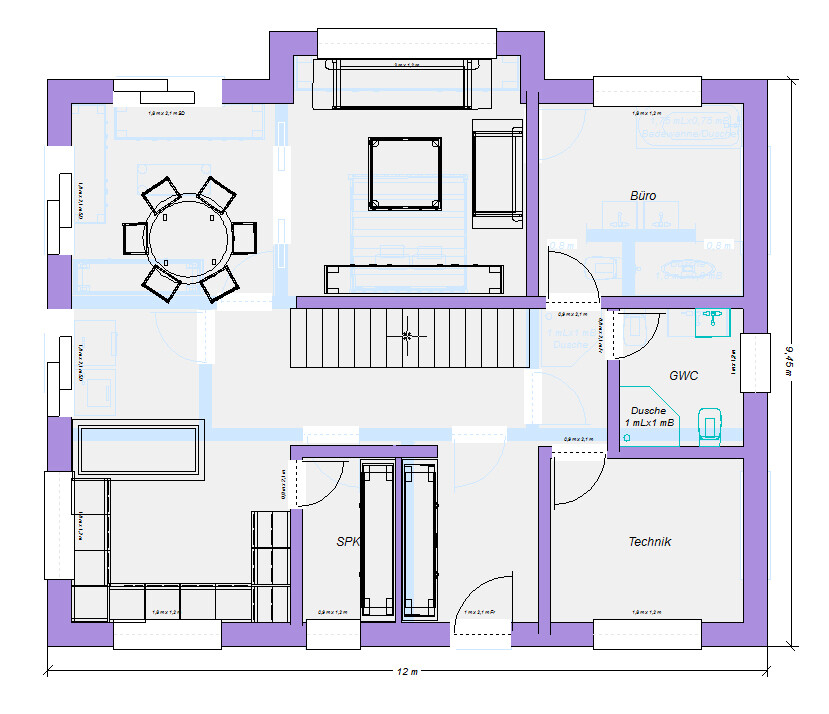 Grundriss: offenes Wohnzimmer mit rundem Esstisch, Büro rechts, Technik unten rechts, Treppe.