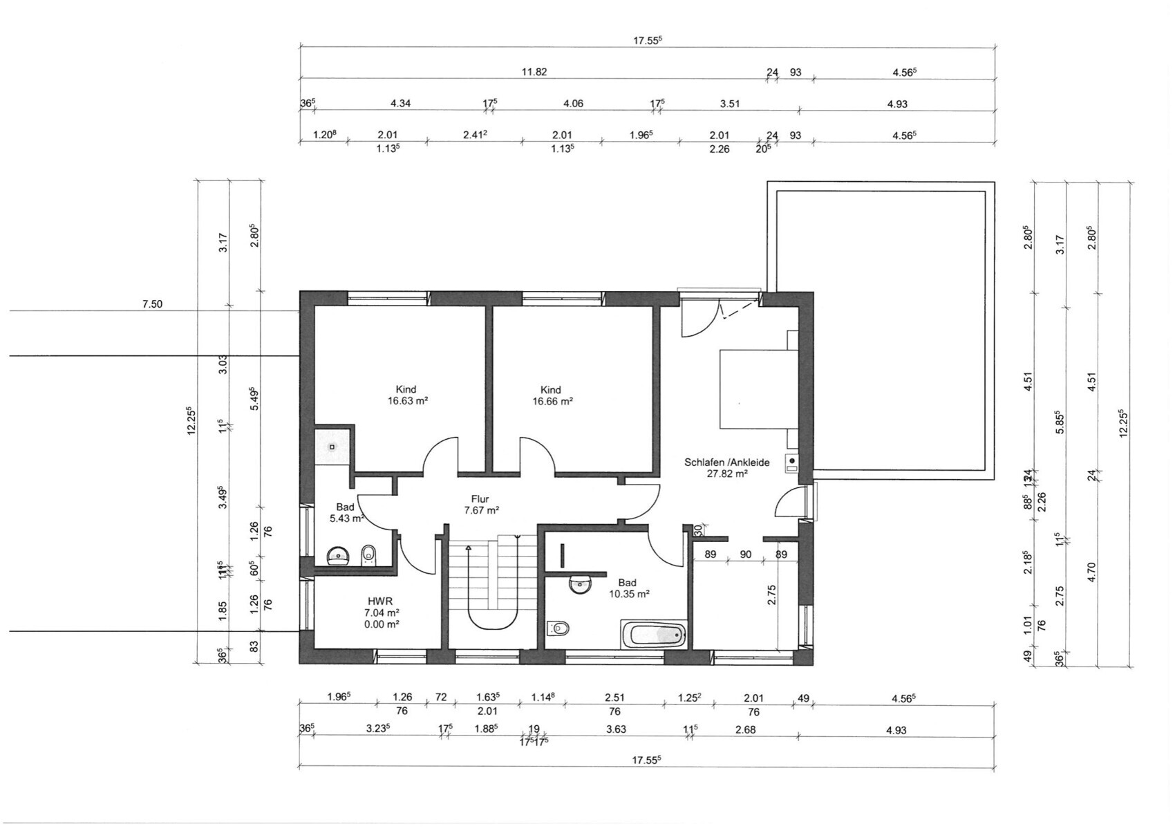 Grundriss: Zwei Kind-Zimmer, Schlafen/Ankleide, Flur, zwei Bäder, HWR, Treppenhaus, Terrasse.