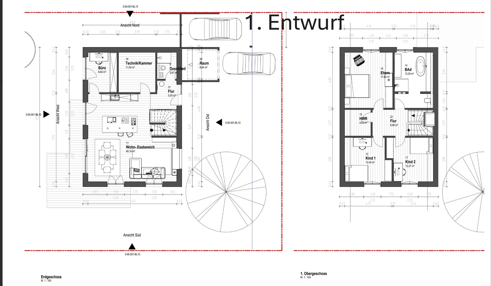 Zwei Grundrisspläne zeigen Hausbau-Entwurf: Erdgeschoss und Obergeschoss mit Räumen und Treppen