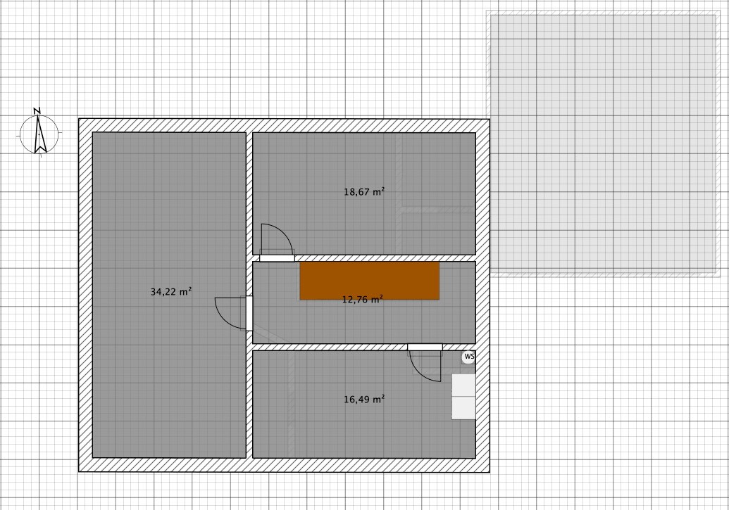 Grundriss eines Hauses mit vier Räumen: 34,22, 18,67, 16,49, 12,76 m²; Küchenblock.