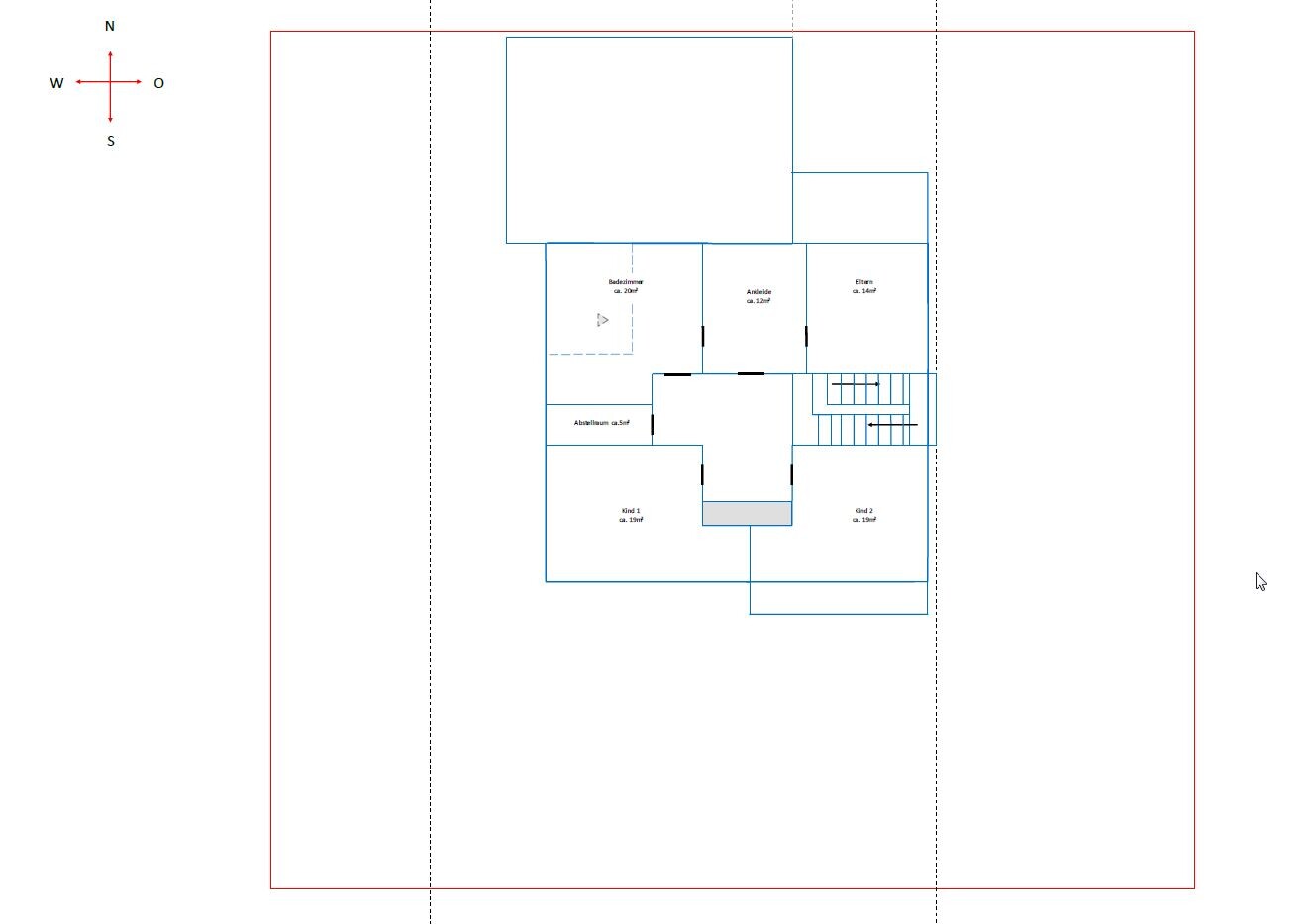 Grundriss eines Hauses mit Eltern- und Kinderzimmer, Bad, Ankleide, Abstellraum und Treppe.